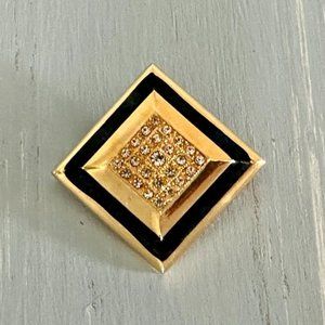 Vintage Sarah Coventry Brooch Gold Tone Black Enamel & Sparkly Rhinestones